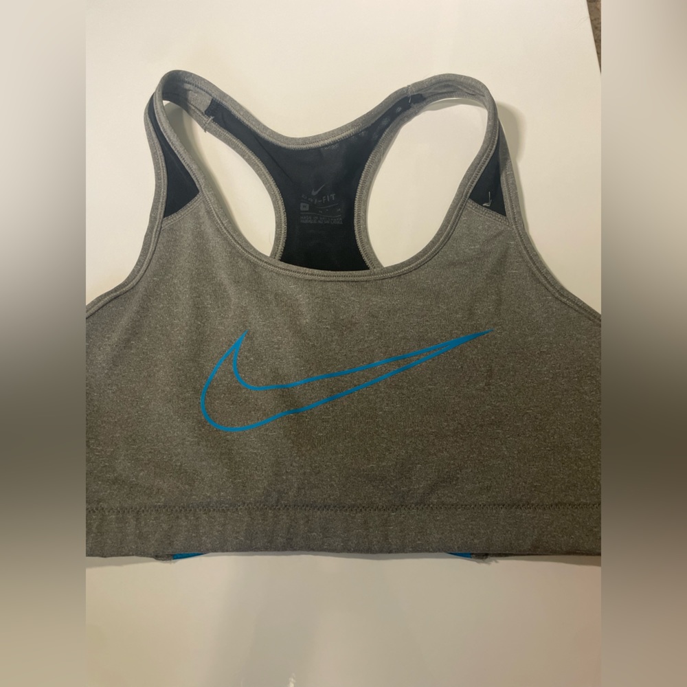 Grey Nike Dri Fit Sports Bra With Blue Cross Strap Back